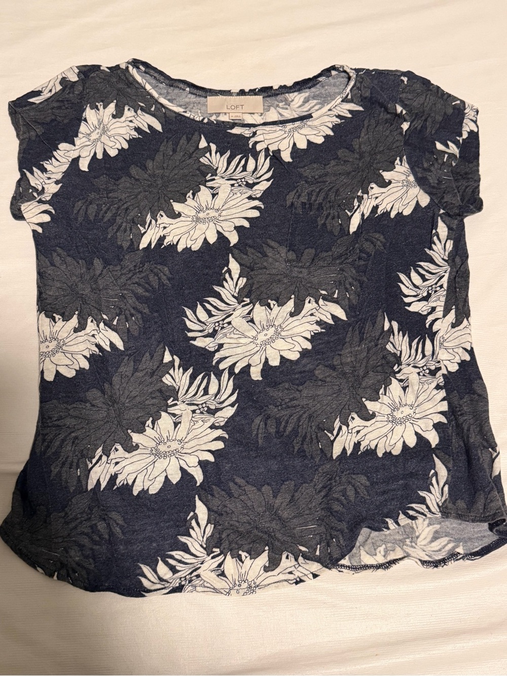 LOFT Navy Floral Short Sleeve Tee with White Blooms